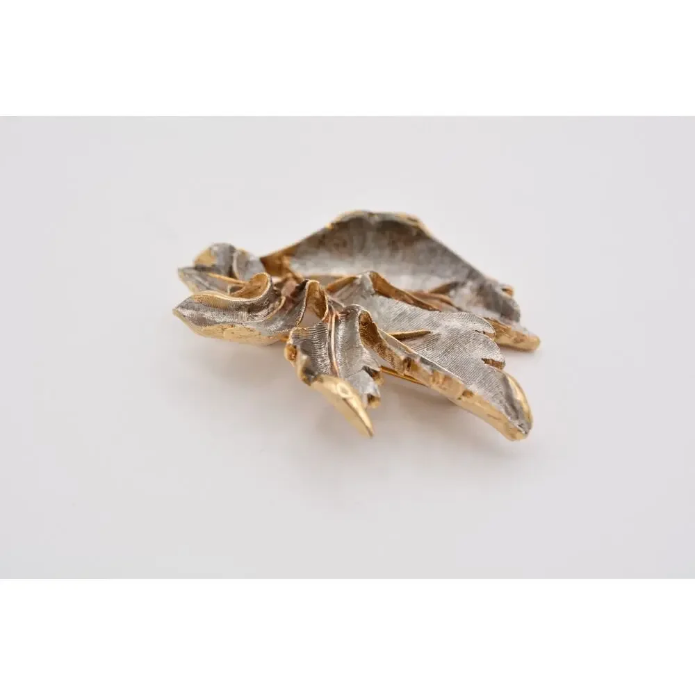 Vintage Leaf Pin Brooch Dark Silver Gold Textured Heavy Chunky 1980s BinAP